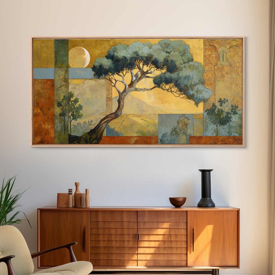 Sage Green Eucalyptus and Crescent Moon Framed Canvas Print, Boho Art, Digital Wall Art, Living Room Decor, Fine Art, Bohemian, BOH-2x1-43