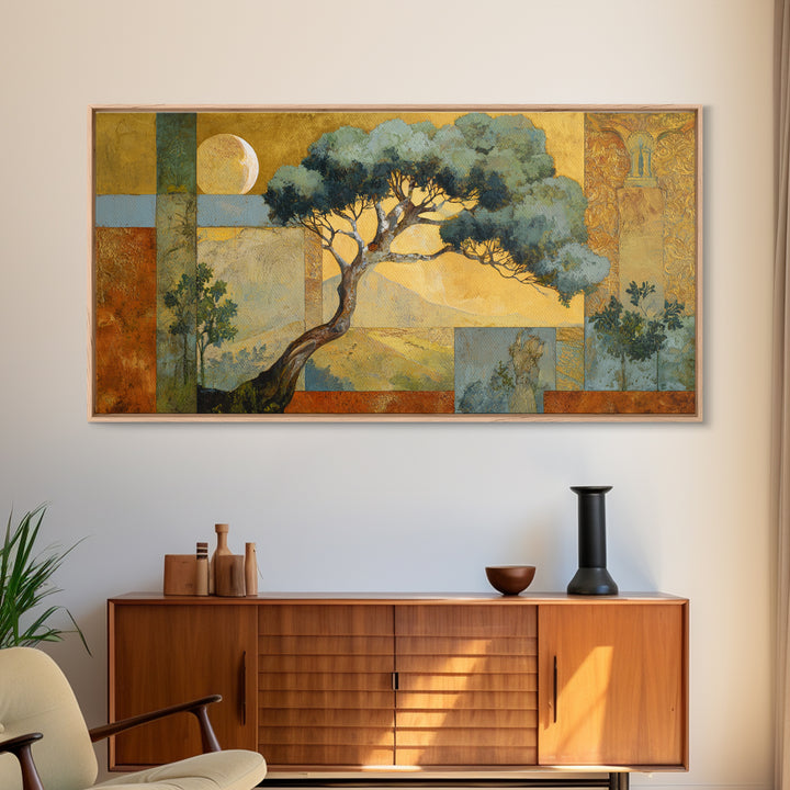 Sage Green Eucalyptus and Crescent Moon Framed Canvas Print, Boho Art, Digital Wall Art, Living Room Decor, Fine Art, Bohemian, BOH-2x1-43