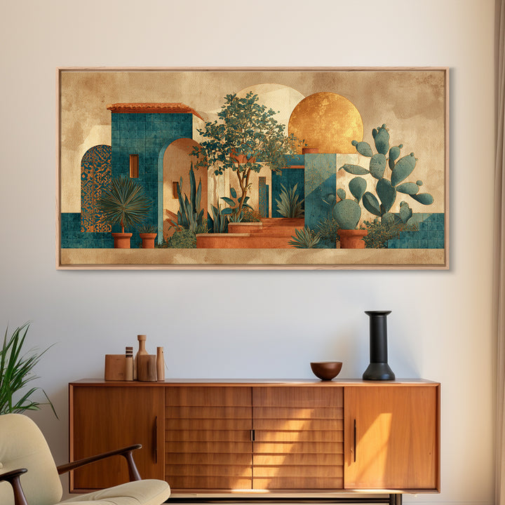 Desert Sun with Cactus and Warm Clay Framed Canvas Print, Boho Art, Printable Art, Living Room Decor, Oil Painting, Bohemian, BOH-2x1-45