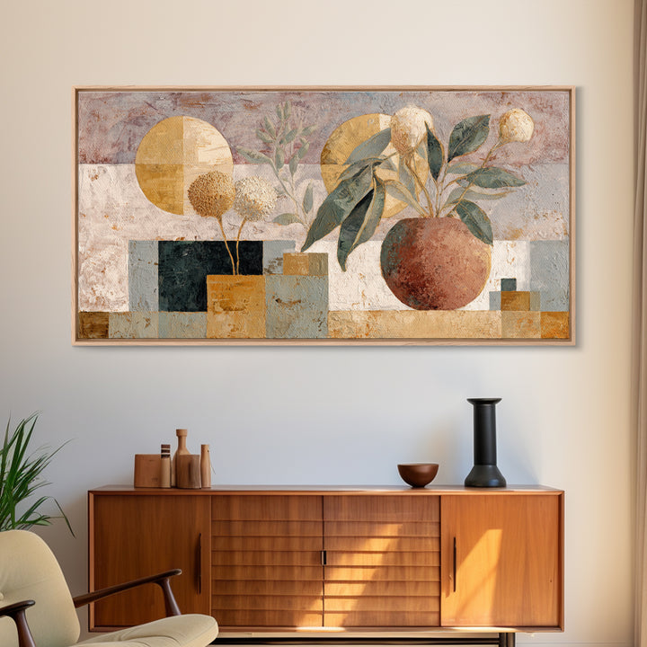 Moon Phases Above Botanical Silhouettes Framed Canvas Print, Boho Art, Digital Art, Living Room Decor, Fine Art, Bohemian, BOH-2x1-46