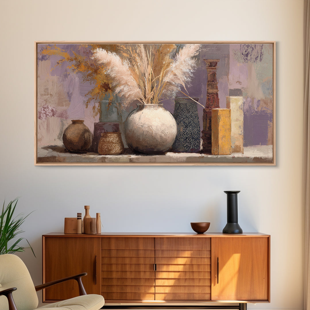 Bohemian Vase with Dried Pampas Grass Framed Canvas Print, Boho Art, Art Nouveau, Living Room Decor, Watercolor Art, Bohemian, BOH-2x1-5