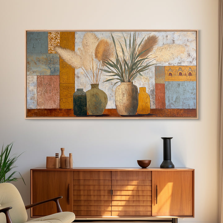 Bohemian Vase with Dried Pampas Grass Canvas Print, Boho Art, Abstract Wall Art, Living Room Decor, Oil Painting, Bohemian, BOH-2x1-53