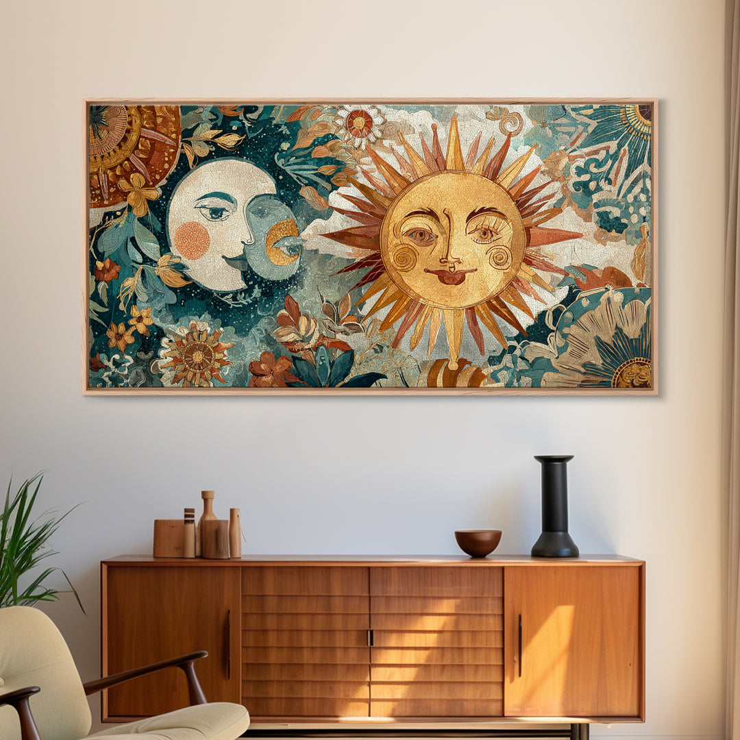 Sun and Moon Celestial Folk Motif Canvas Print, Boho Art, Printable Wall Art, Living Room Decor, Bohemian, Abstract Wall Art, BOH-2x1-54