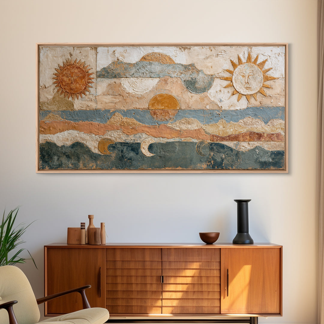 Sun and Moon Celestial Folk Motif Framed Canvas Print, Boho Art, Wall Decor, Living Room Decor, Fine Art, Bohemian, Art Nouveau, BOH-2x1-6
