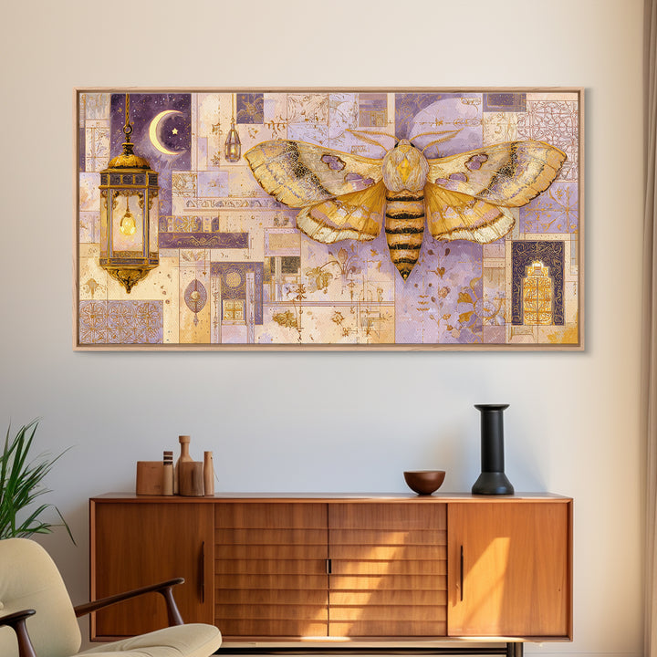 Golden Moth with Moon and Stars Canvas Print, Boho Art, Canvas Art, Living Room Decor, Fine Art, Bohemian, Wall Art Set, BOH-2x1-61