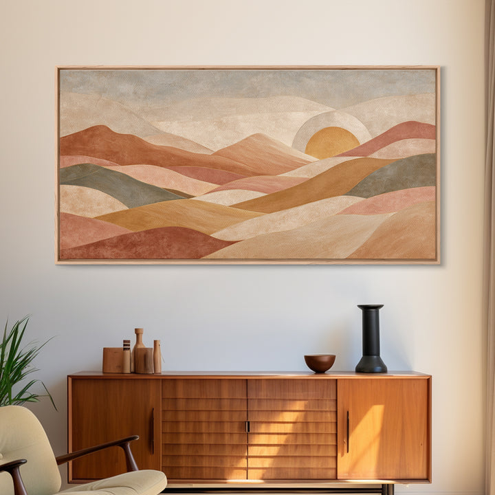 Sunrise over Rolling Dunes in Muted Peach Framed Canvas Print, Boho Art, Living Room Decor, Abstract Art, Bohemian, BOH-2x1-65