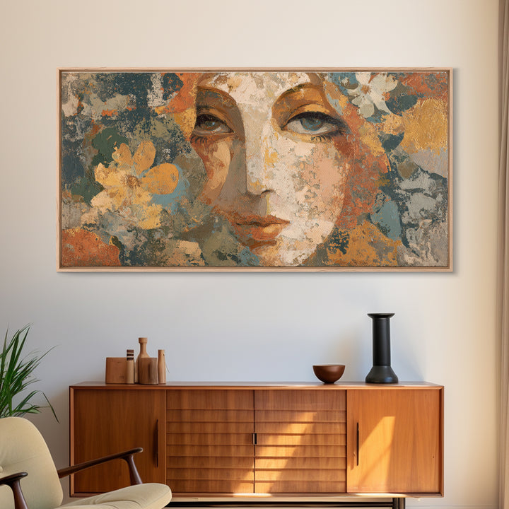 Abstract Female Face Framed Canvas Print, Boho Art, Digital Wall Art, Living Room Decor, Watercolor Art, Bohemian, Garden Art, BOH-2x1-72