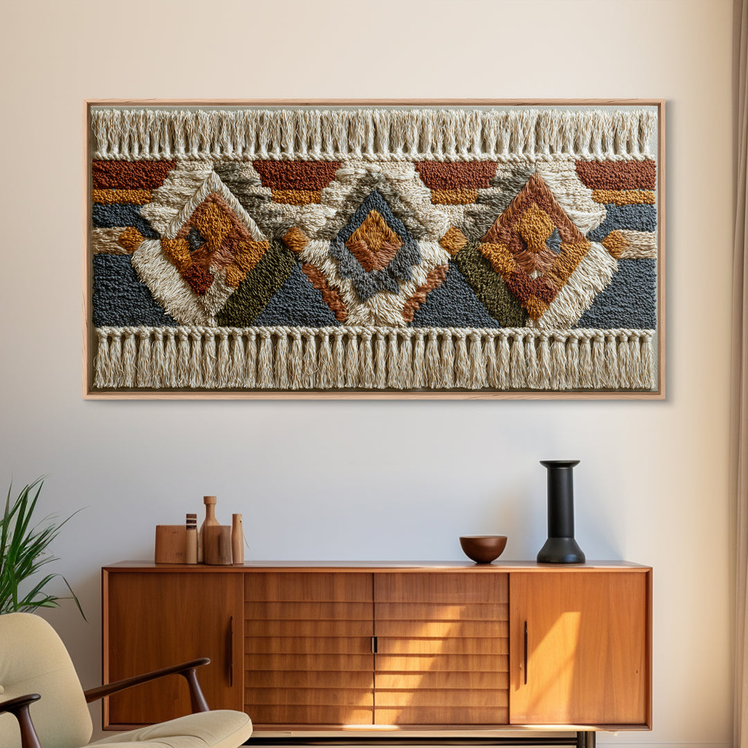 Macrame Geometric Fringe Pattern Framed Canvas Print, Boho Art, Contemporary Art, Living Room Decor, Abstract Art, Bohemian, BOH-2x1-75