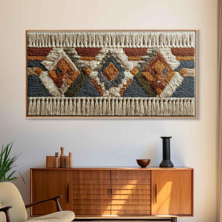 Macrame Geometric Fringe Pattern Framed Canvas Print, Boho Art, Contemporary Art, Living Room Decor, Abstract Art, Bohemian, BOH-2x1-75