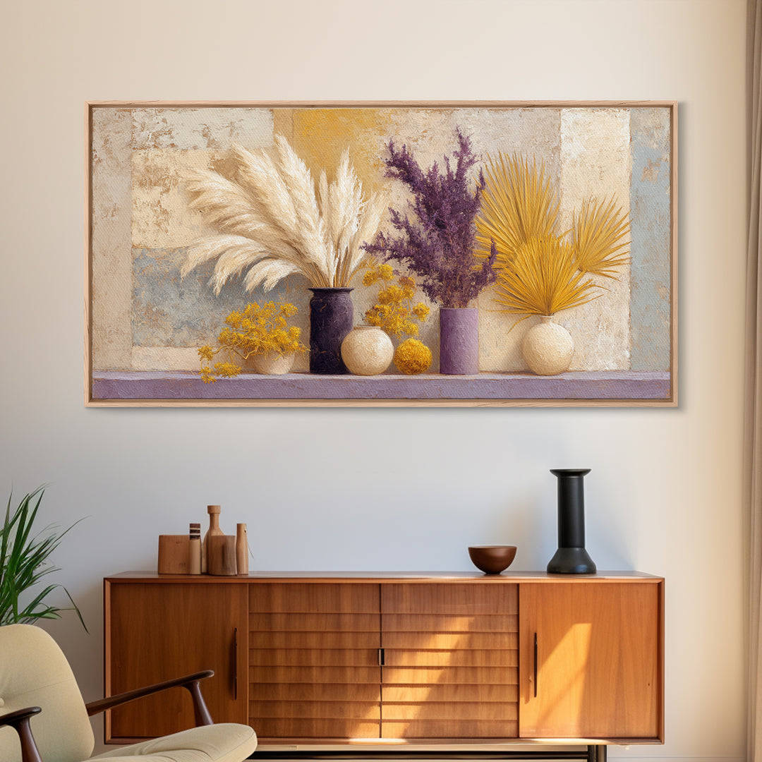 Bohemian Vase with Dried Pampas Grass Canvas Print, Boho Art, Abstract Wall Art, Living Room Decor, Oil Painting, Bohemian, BOH-2x1-77