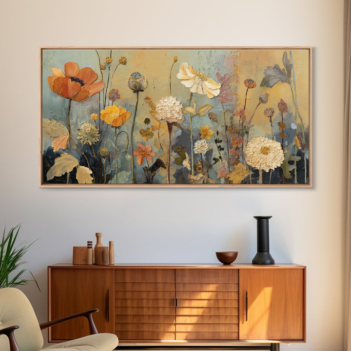 Burnt Orange Floral Field at Sunset Framed Canvas Print, Boho Art, Boho Wall Art, Living Room Decor, Fine Art, Bohemian, BOH-2x1-81