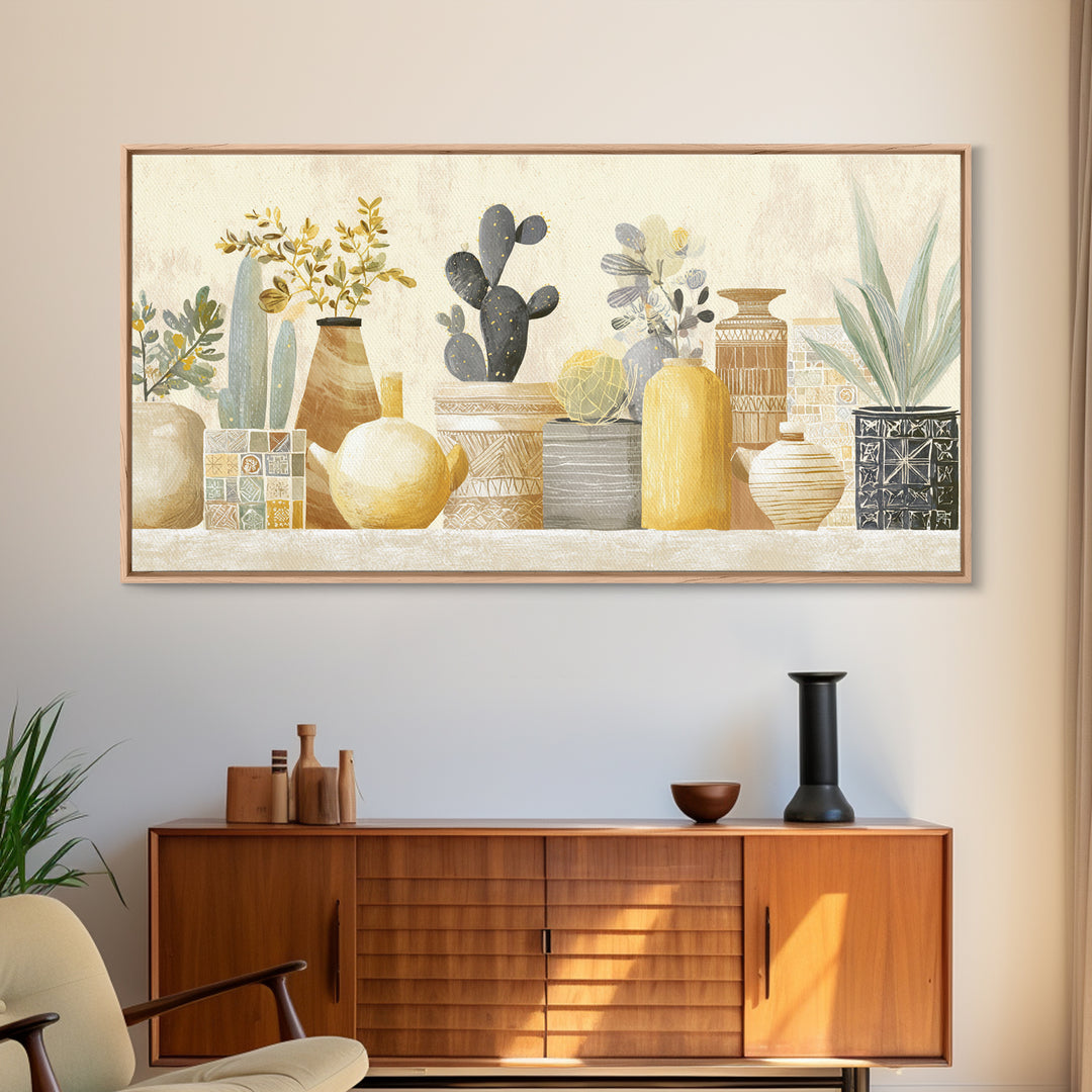 Warm Neutral Cactus Garden Illustration Framed Canvas Print, Boho Art, Digital Wall Art, Living Room Decor, Fine Art, Bohemian, BOH-2x1-86