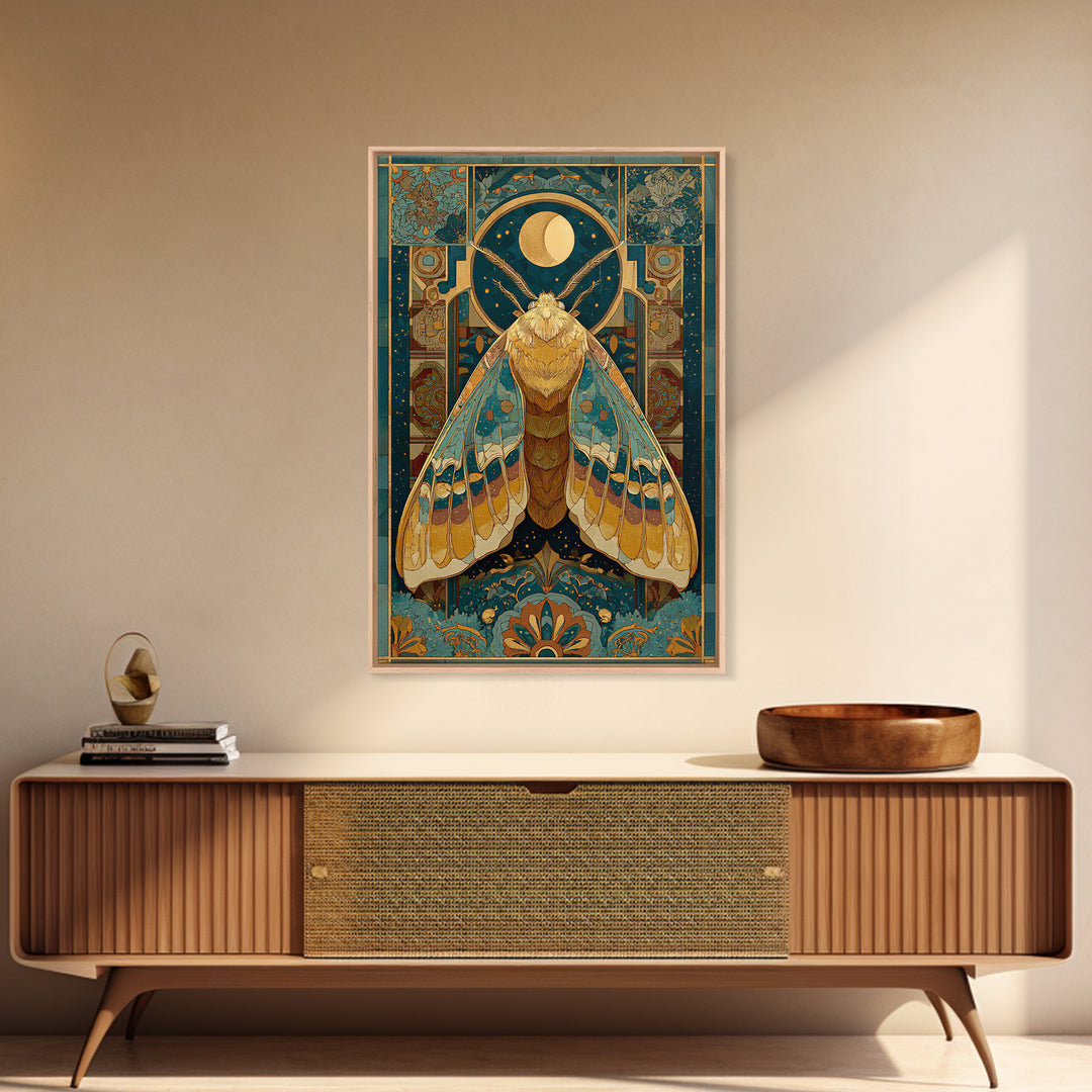 Golden Moth with Moon and Stars Framed Canvas Print, Boho Art, Art Nouveau, Living Room Decor, Fine Art, Bohemian, Wall Print, BOH-2x3-1