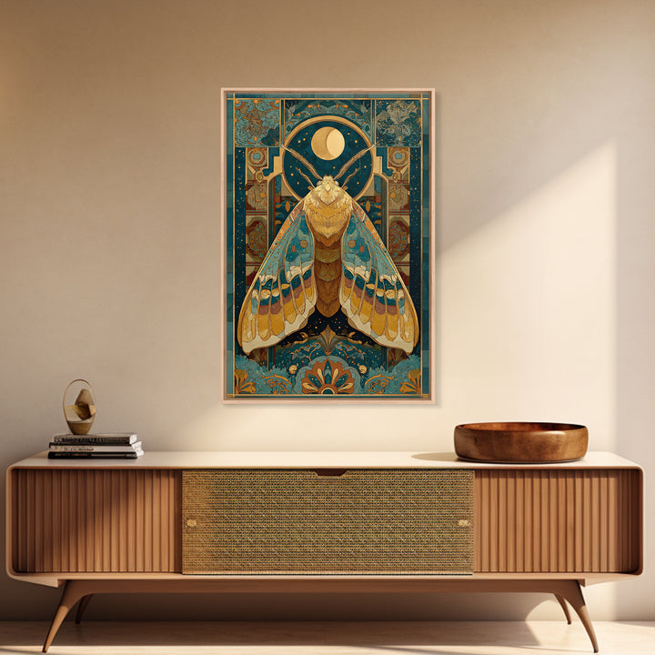Golden Moth with Moon and Stars Framed Canvas Print, Boho Art, Art Nouveau, Living Room Decor, Fine Art, Bohemian, Wall Print, BOH-2x3-1