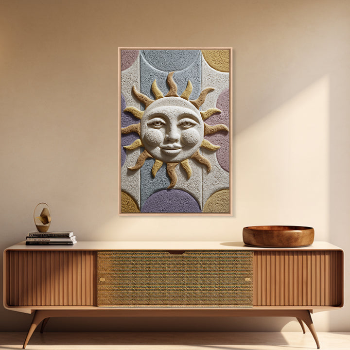 Sun and Moon Celestial Folk Motif Framed Canvas Print, Boho Art, Digital Art, Living Room Decor, Watercolor Art, Bohemian, BOH-2x3-18
