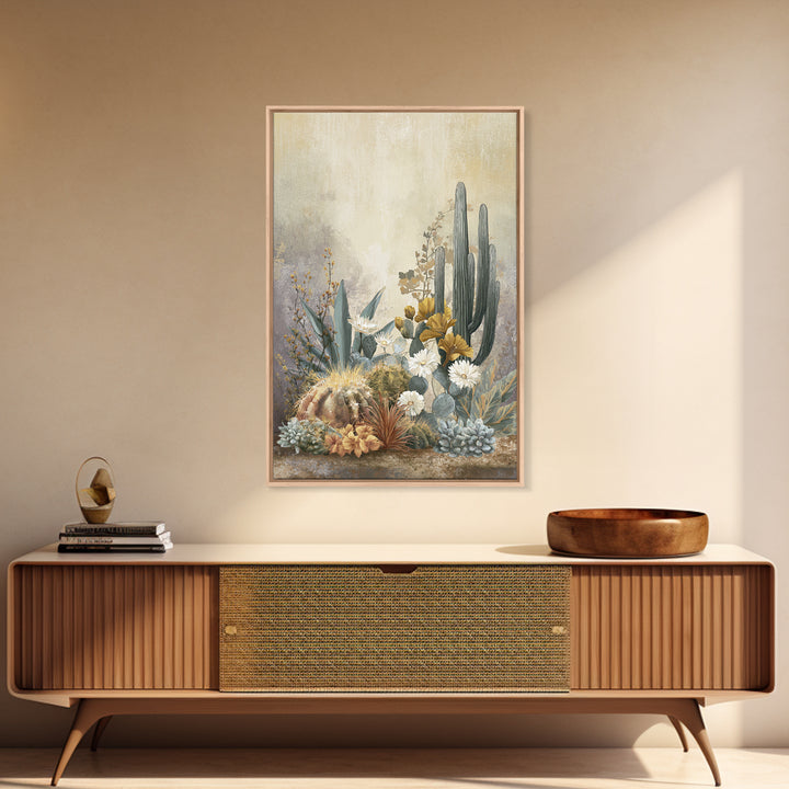 Warm Neutral Cactus Garden Illustration Framed Canvas Print, Boho Art, Wall Decor, Living Room Decor, Fine Art, Bohemian, BOH-2x3-2