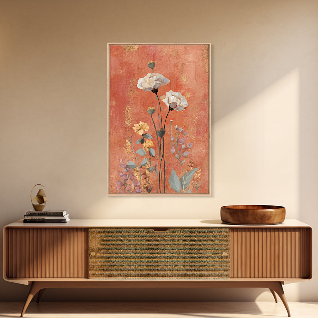 Burnt Orange Floral Field at Sunset Framed Canvas Print, Boho Art, Wallart, Living Room Decor, Bohemian, Living Room Wall Art, BOH-2x3-21