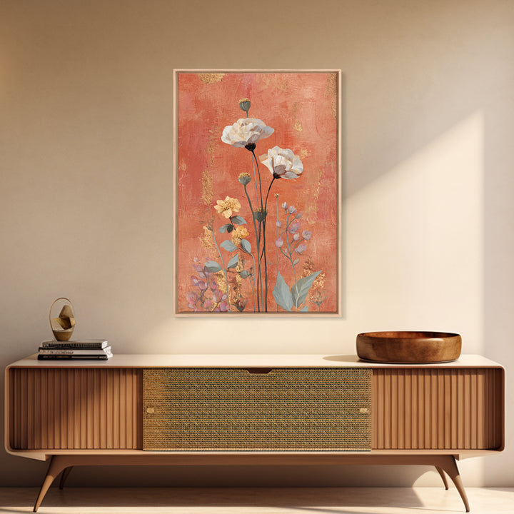 Burnt Orange Floral Field at Sunset Framed Canvas Print, Boho Art, Wallart, Living Room Decor, Bohemian, Living Room Wall Art, BOH-2x3-21
