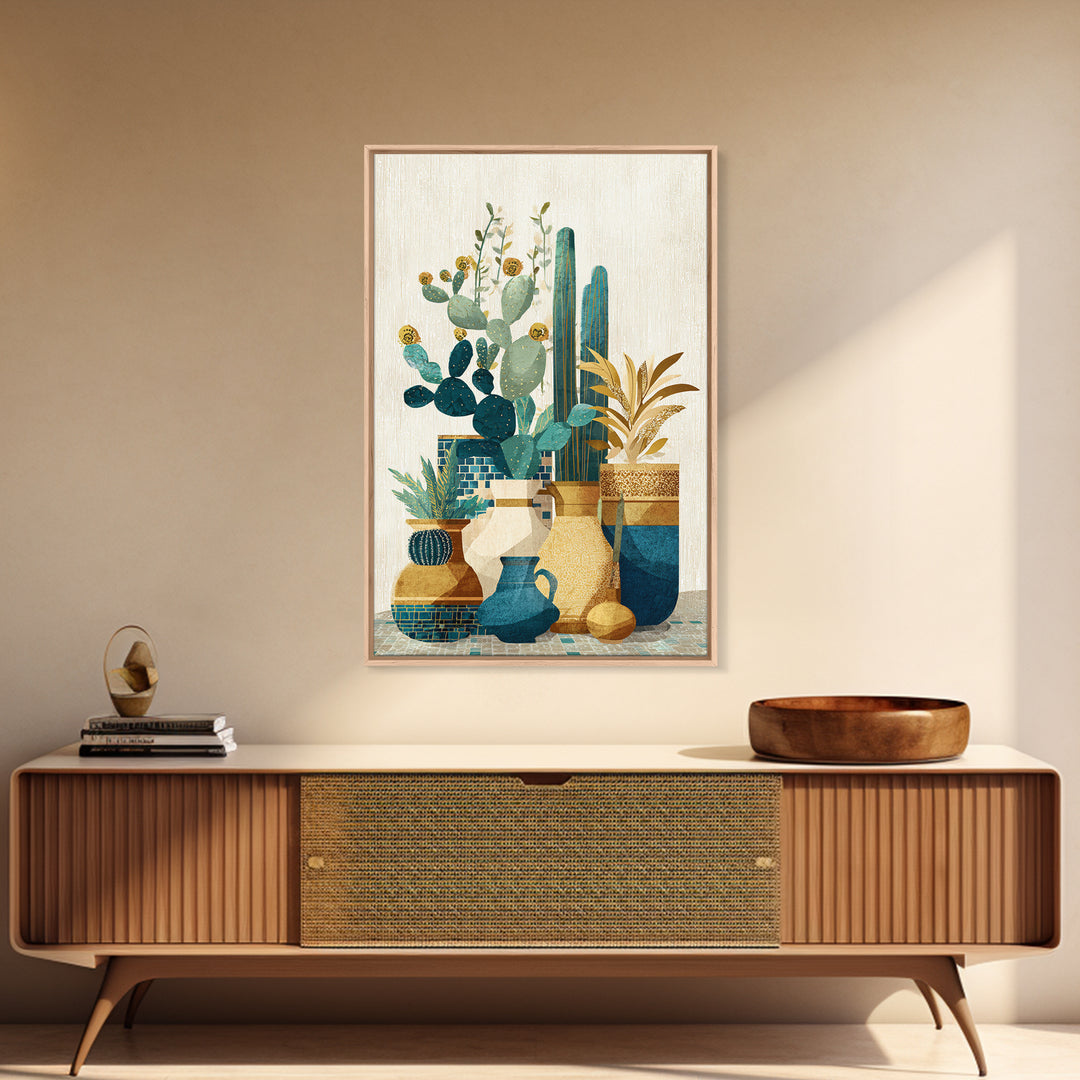 Warm Neutral Cactus Garden Illustration Framed Canvas Print, Boho Art, Wall Decor, Living Room Decor, Fine Art, Bohemian, BOH-2x3-26