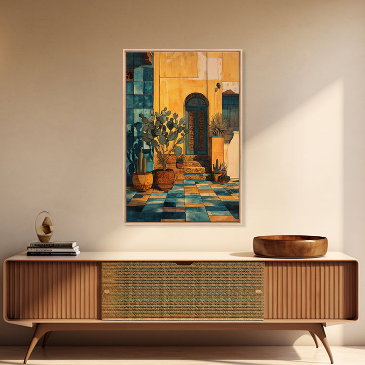 Desert Sun with Cactus and Warm Clay Framed Canvas Print, Boho Art, Garden Art, Living Room Decor, Watercolor Art, Bohemian, BOH-2x3-33