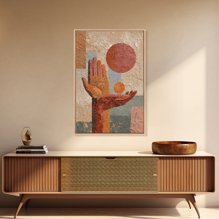 Mystic Hand Holding a Tiny Sun Framed Canvas Print, Boho Art, Boho, Living Room Decor, Fine Art, Bohemian, Wall Art Print, BOH-2x3-38