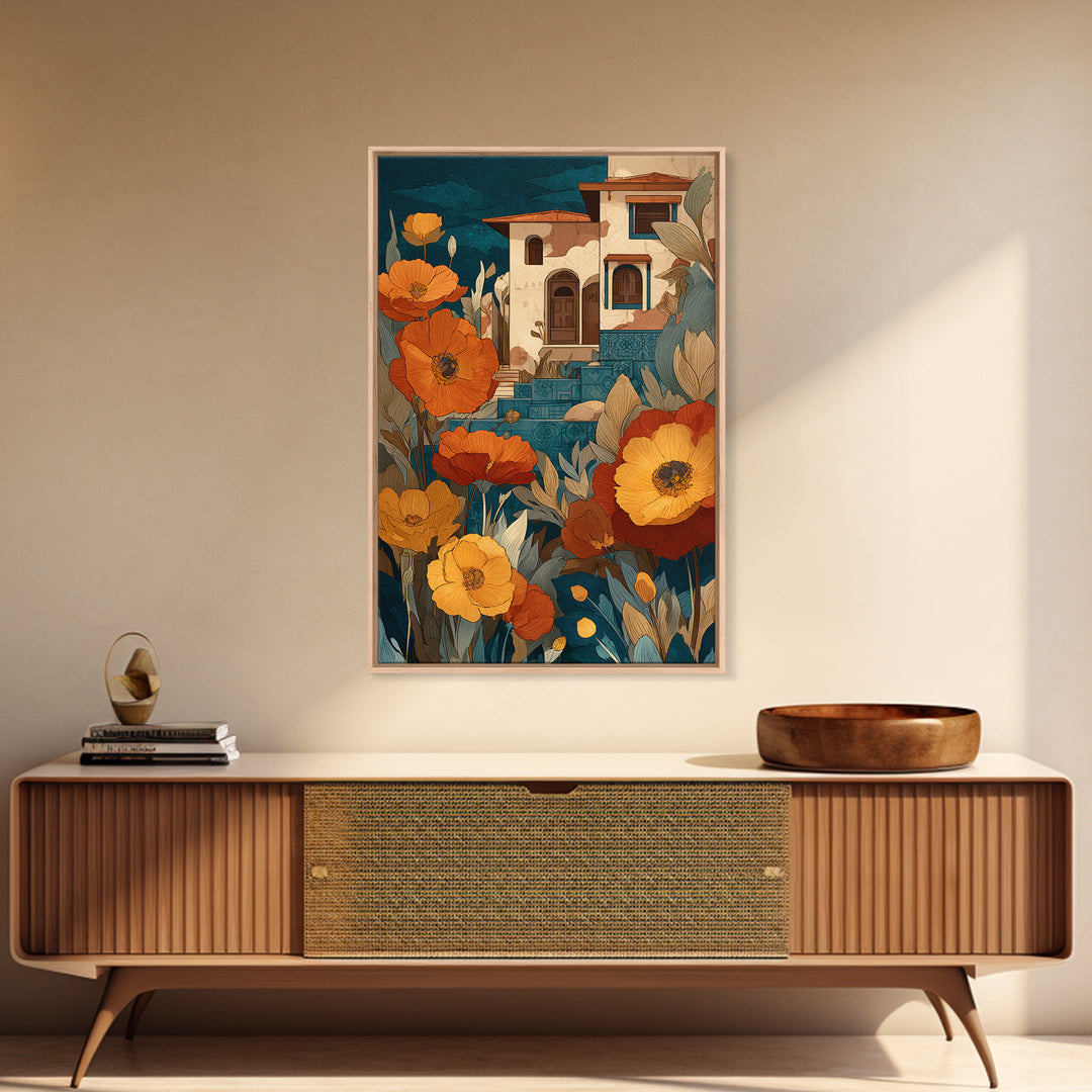 Burnt Orange Floral Field at Sunset Canvas Print, Boho Art, Living Room Decor, Oil Painting, Bohemian, Modern Decor, BOH-2x3-45
