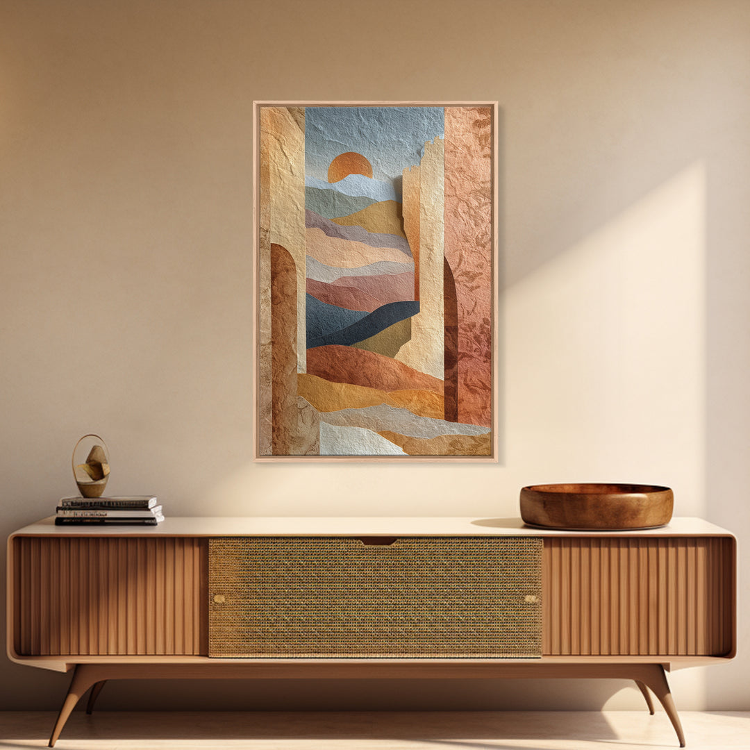 Sunrise over Rolling Dunes in Muted Peach Framed Canvas Print, Boho Art, Boho Wall Art, Living Room Decor, Oil Painting, BOH-2x3-53