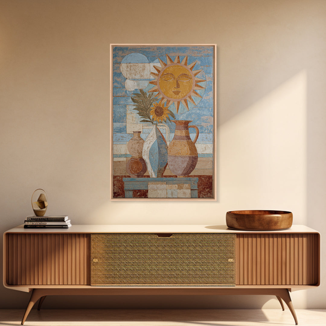 Sun and Moon Celestial Folk Motif Canvas Print, Boho Art, Art Deco, Living Room Decor, Oil Painting, Bohemian, Modern Wall Art, BOH-2x3-66