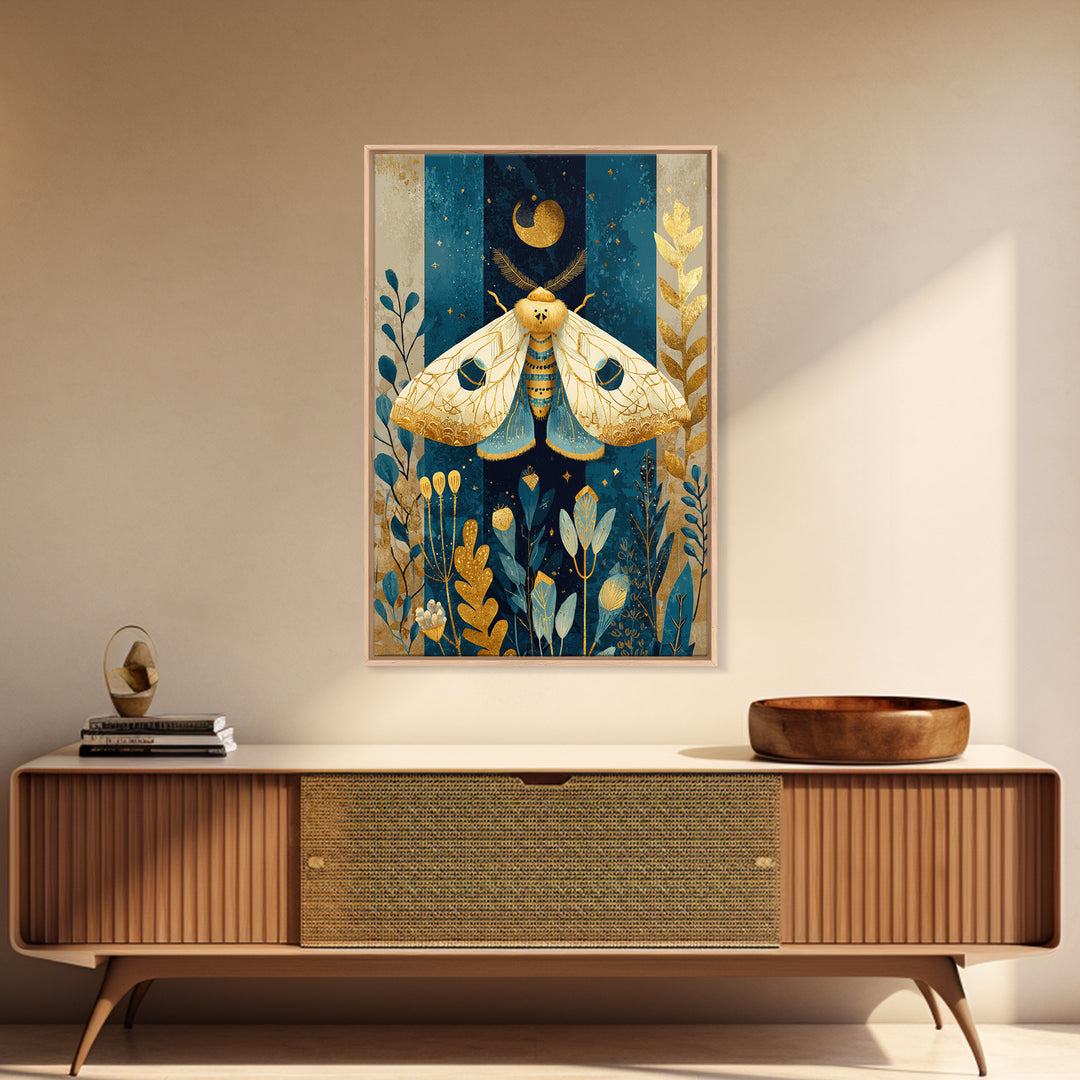 Golden Moth with Moon and Stars Framed Canvas Print, Boho Art, Living Room Wall Art, Living Room Decor, Fine Art, Bohemian, BOH-2x3-73
