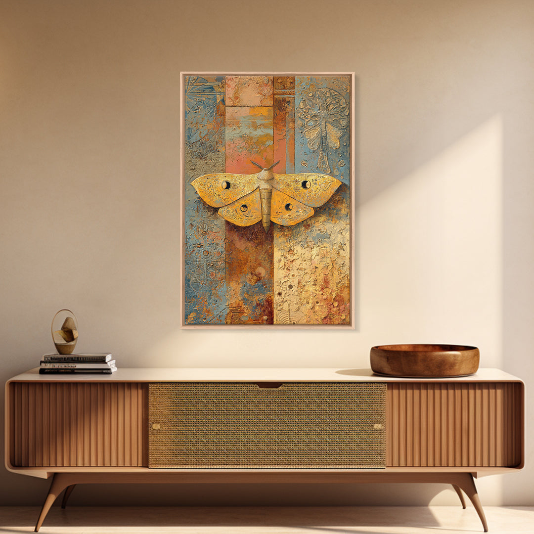 Golden Moth with Moon and Stars Framed Canvas Print, Boho Art, Living Room Wall Art, Living Room Decor, Fine Art, Bohemian, BOH-2x3-97