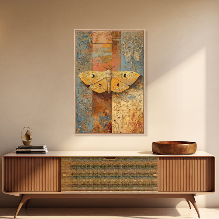 Golden Moth with Moon and Stars Framed Canvas Print, Boho Art, Living Room Wall Art, Living Room Decor, Fine Art, Bohemian, BOH-2x3-97