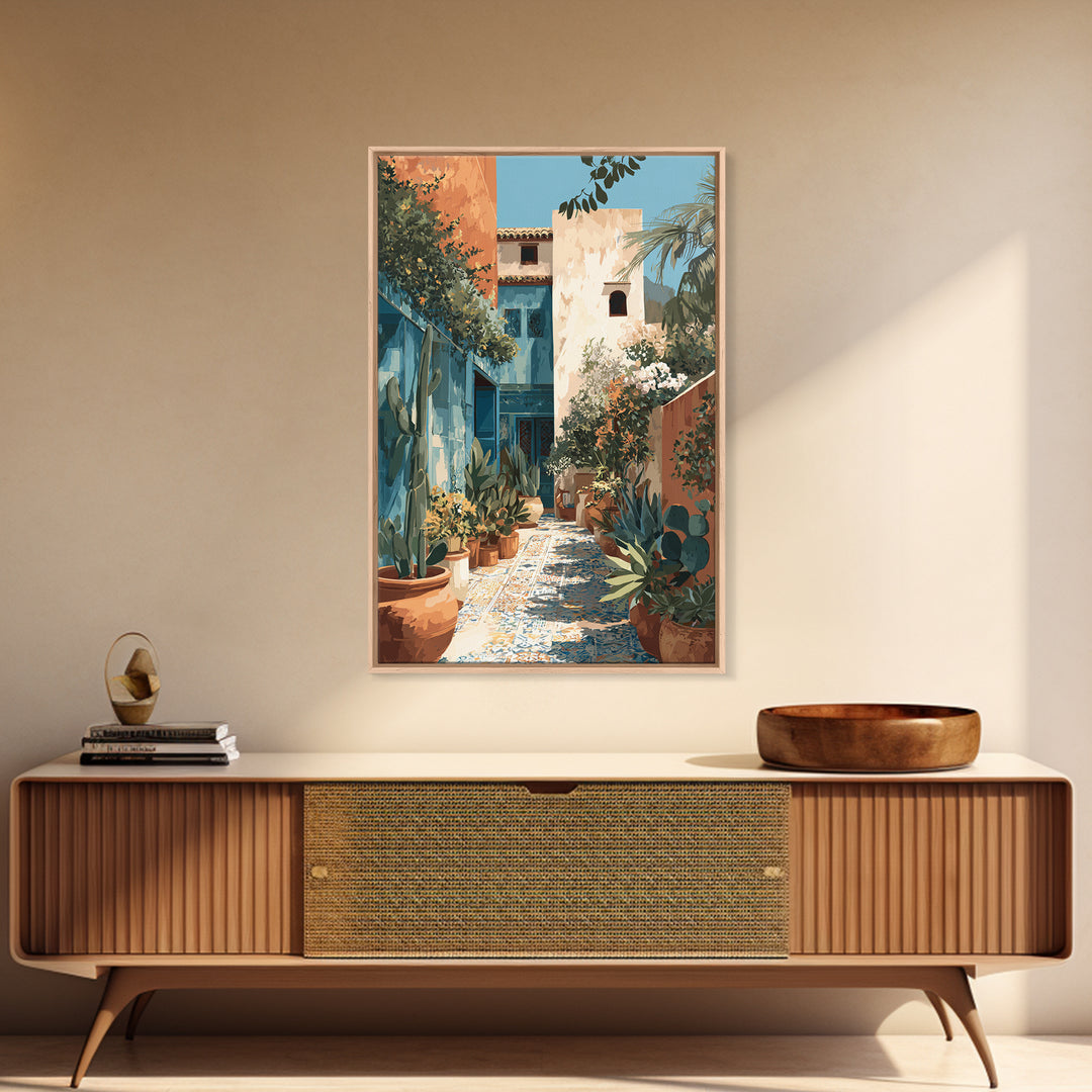 Warm Neutral Cactus Garden Illustration Framed Canvas Print, Boho Art, Wallart, Living Room Decor, Watercolor Art, Bohemian, BOH-2x3-98