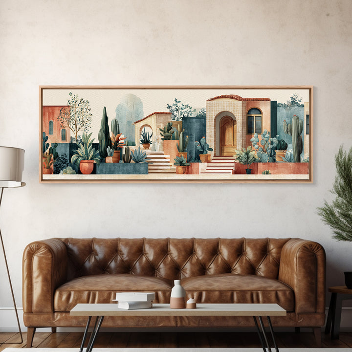 Warm Neutral Cactus Garden Illustration Framed Canvas Print, Boho Art, Digital Wall Art, Living Room Decor, Fine Art, Bohemian, BOH-3x1-10