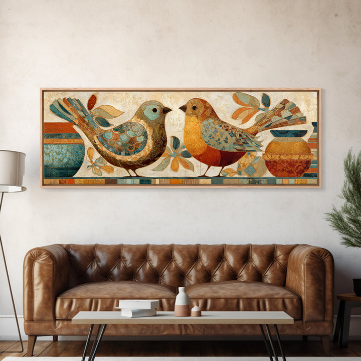 Boho Bird Pair Framed Canvas Print, Boho Art, Boho Decor, Living Room Decor, Fine Art, Bohemian, Textured Painting, BOH-3x1-12