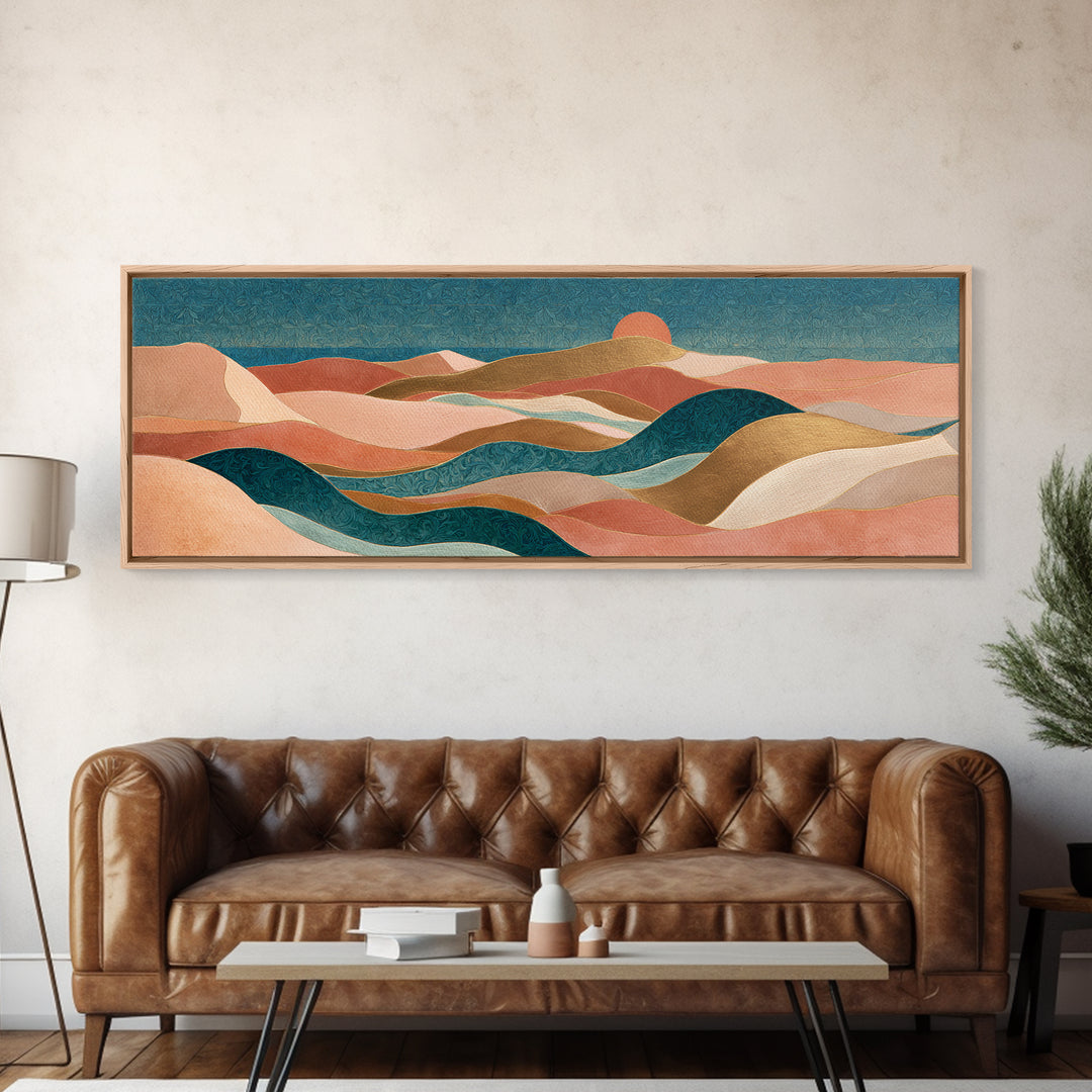 Sunrise over Rolling Dunes in Muted Peach Canvas Print, Boho Art, Wall Art Print, Living Room Decor, Fine Art, Bohemian, BOH-3x1-13
