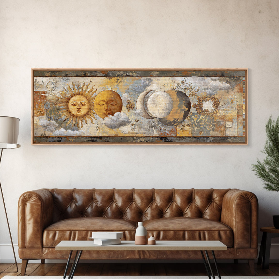 Sun and Moon Celestial Folk Motif Framed Canvas Print, Boho Art, Wallart, Living Room Decor, Bohemian, Living Room Wall Art, BOH-3x1-2