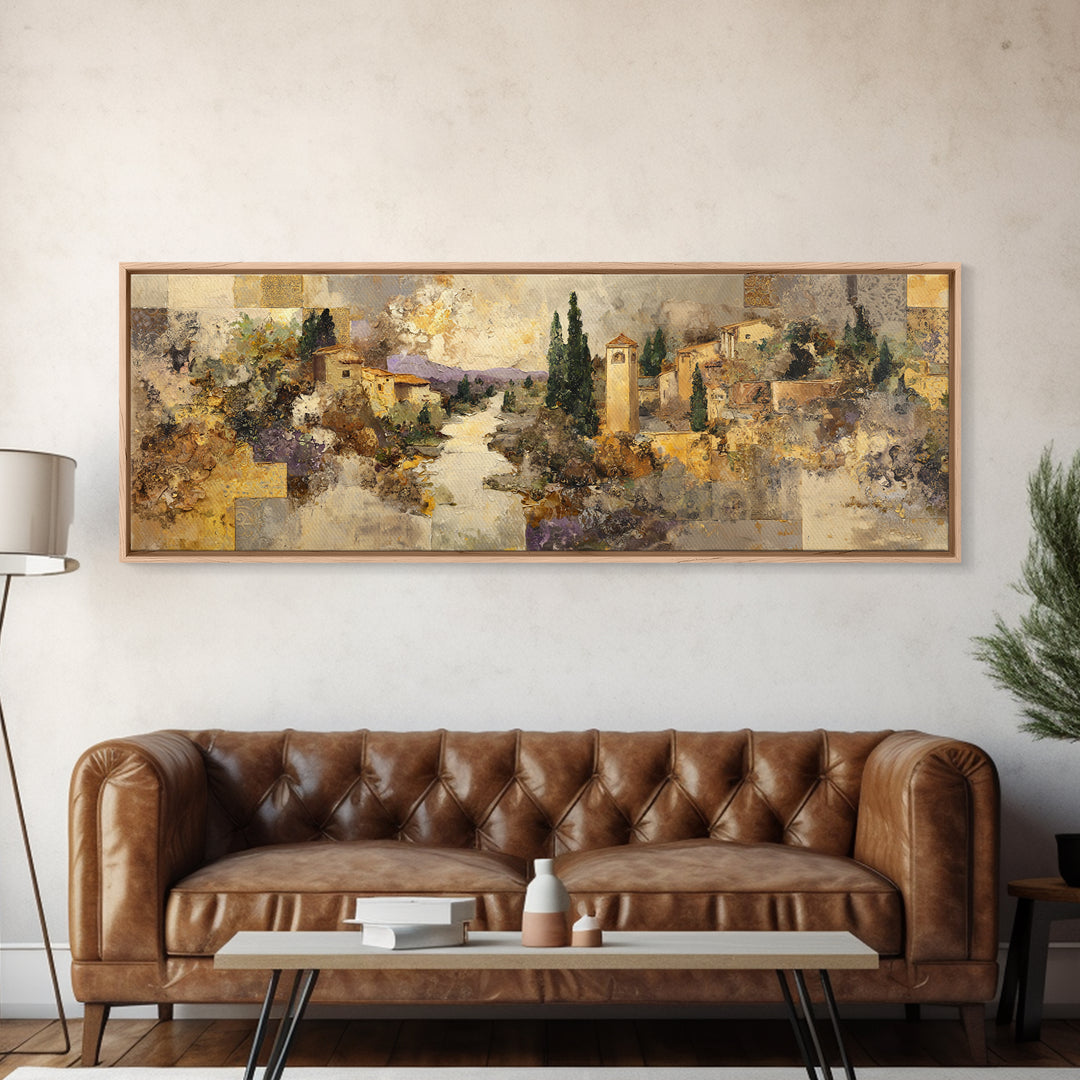 Earth Tone Mountain and River Abstraction Framed Canvas Print, Boho Art, Wall Art, Living Room Decor, Watercolor Art, Bohemian, BOH-3x1-27