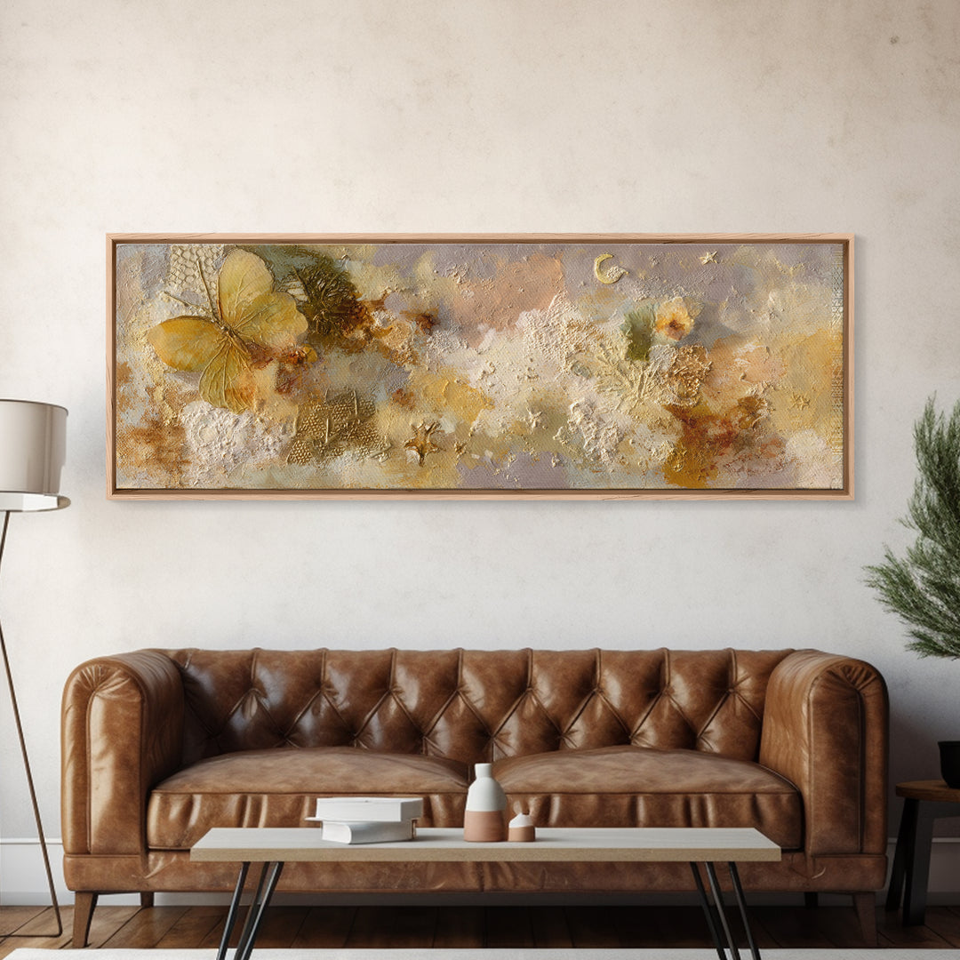 Golden Moth with Moon and Stars Canvas Print, Boho Art, Set of 3 Prints, Living Room Decor, Fine Art, Bohemian, BOH-3x1-33