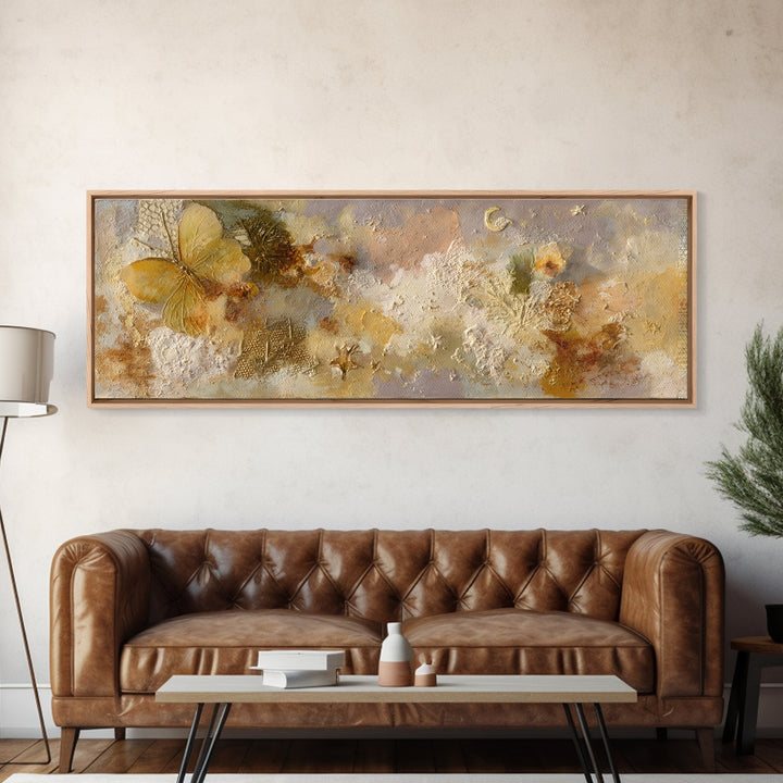 Golden Moth with Moon and Stars Canvas Print, Boho Art, Set of 3 Prints, Living Room Decor, Fine Art, Bohemian, BOH-3x1-33