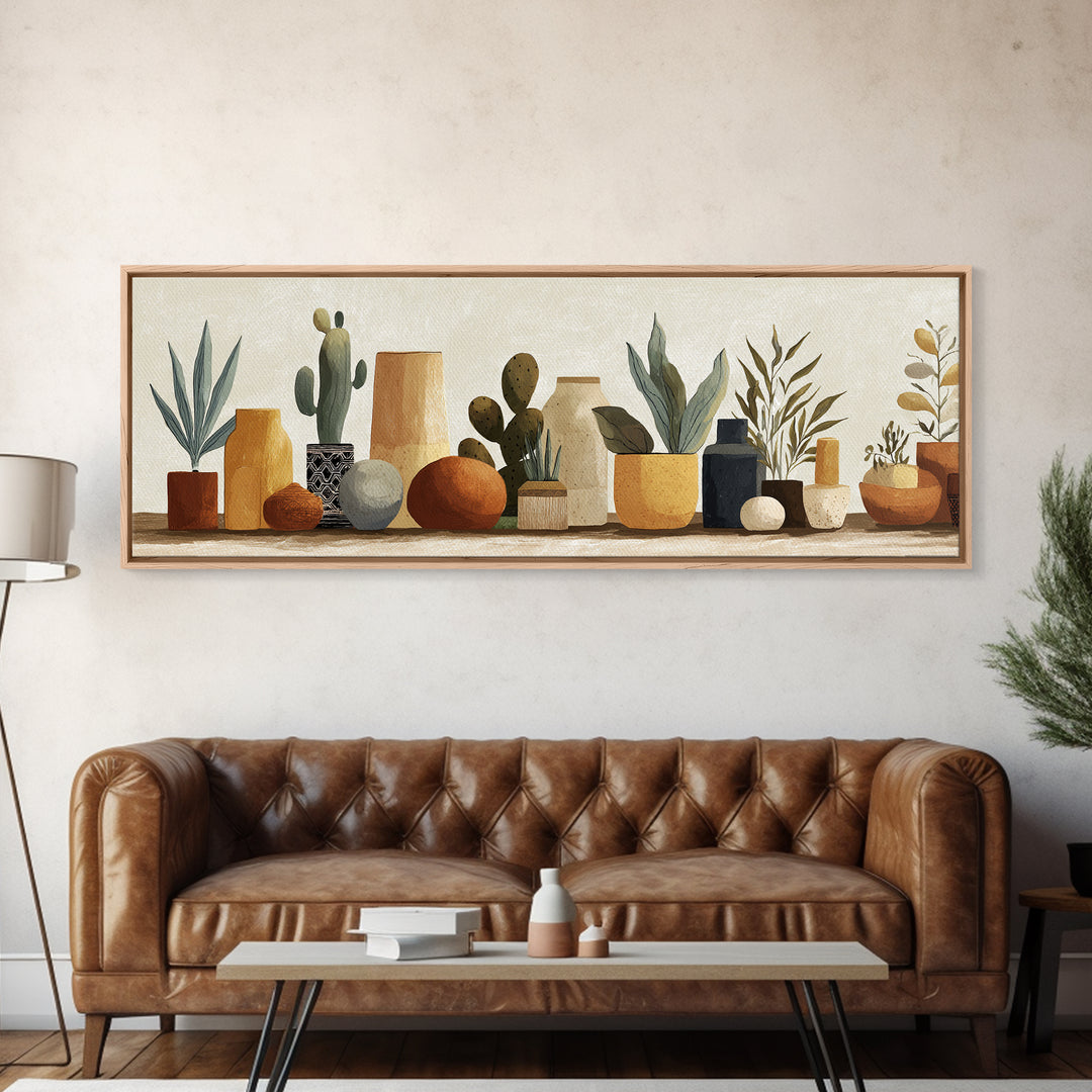 Warm Neutral Cactus Garden Illustration Canvas Print, Boho Art, Abstract Art, Living Room Decor, Bohemian 234, Set of Prints, BOH-3x1-34