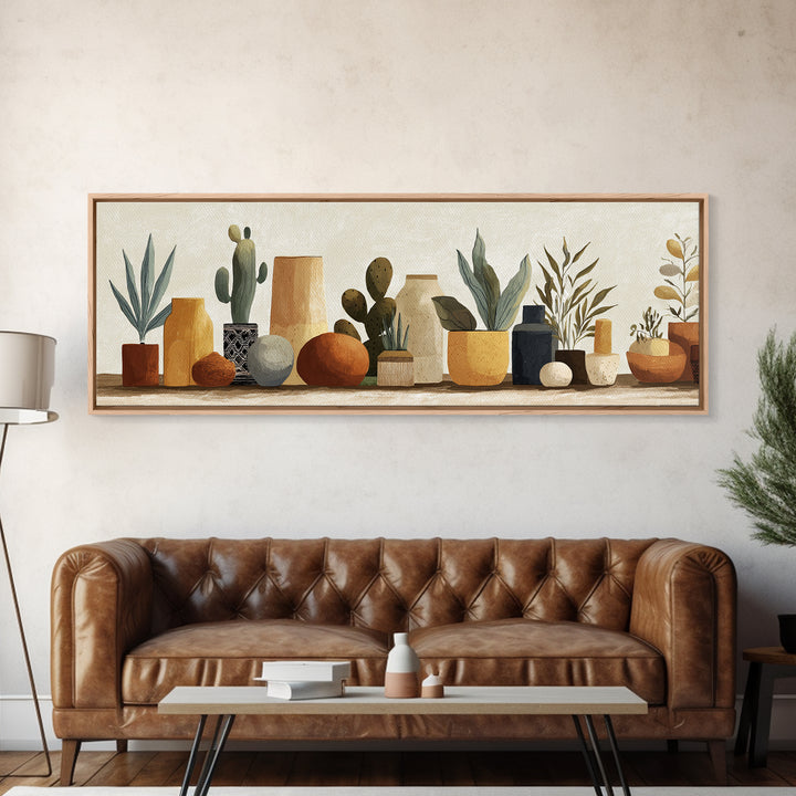 Warm Neutral Cactus Garden Illustration Canvas Print, Boho Art, Abstract Art, Living Room Decor, Bohemian 234, Set of Prints, BOH-3x1-34