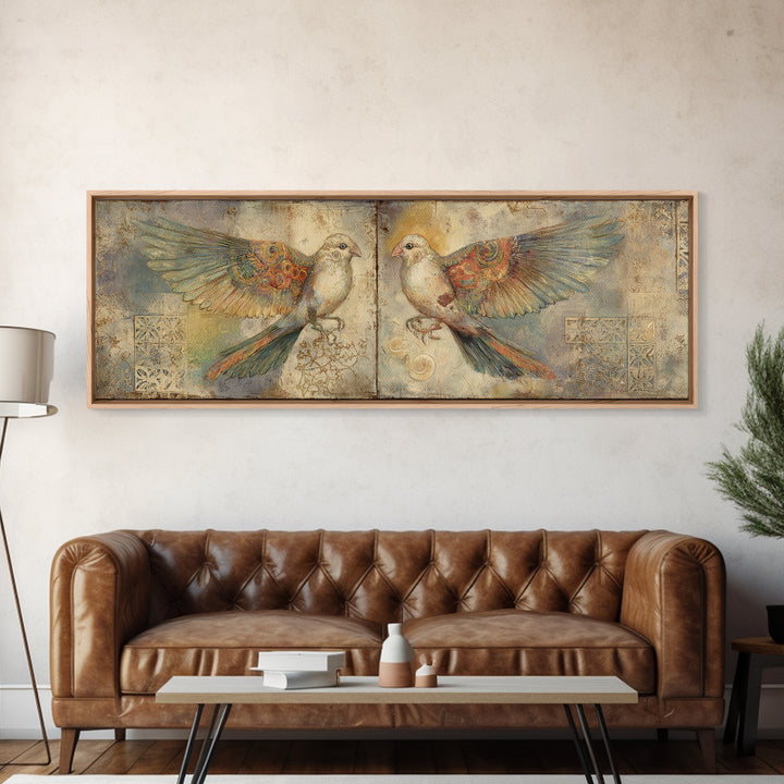 Boho Bird Pair Canvas Print, Boho Art, Neutral Decor, Living Room Decor, Fine Art, Bohemian, Wall Decor, Prints, Art Prints, BOH-3x1-36