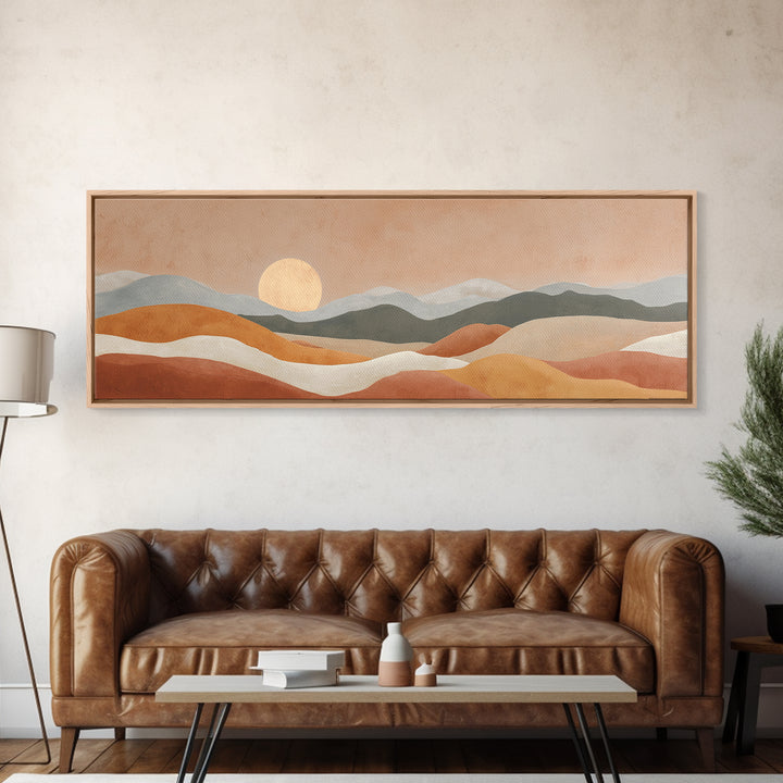Sunrise over Rolling Dunes in Muted Peach Framed Canvas Print, Boho Art, Wall Art Set, Living Room Decor, Watercolor Art, BOH-3x1-37