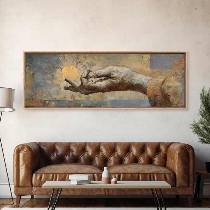 Mystic Hand Holding a Tiny Sun Canvas Print, Boho Art, Modern Wall Art, Living Room Decor, Fine Art, Bohemian, BOH-3x1-46