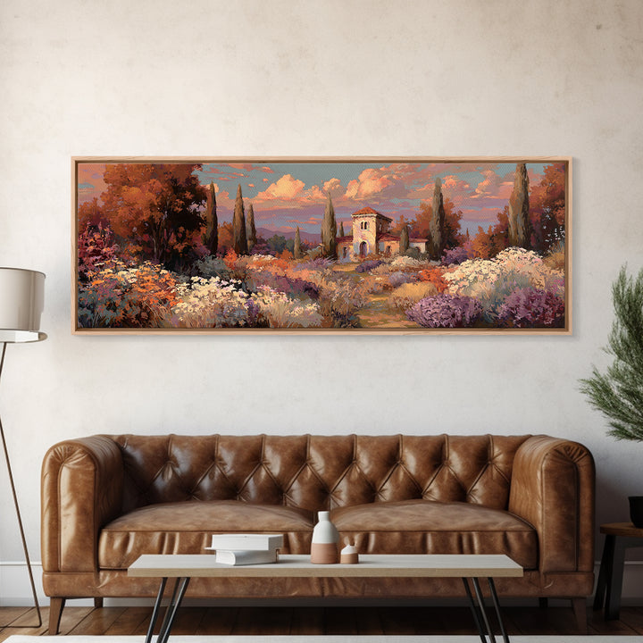 Burnt Orange Floral Field at Sunset Framed Canvas Print, Boho Art, Boho Wall Art, Living Room Decor, Fine Art, Bohemian, BOH-3x1-5