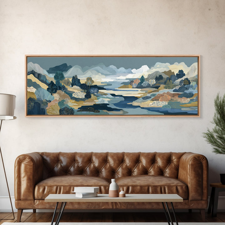 Earth Tone Mountain and River Abstraction Framed Canvas Print, Boho Art, Boho, Living Room Decor, Oil Painting, Bohemian, BOH-3x1-51