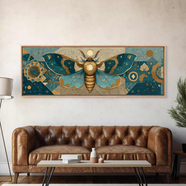 Golden Moth with Moon and Stars Framed Canvas Print, Boho Art, Statement Artwork, Living Room Decor, Fine Art, Bohemian, BOH-3x1-57