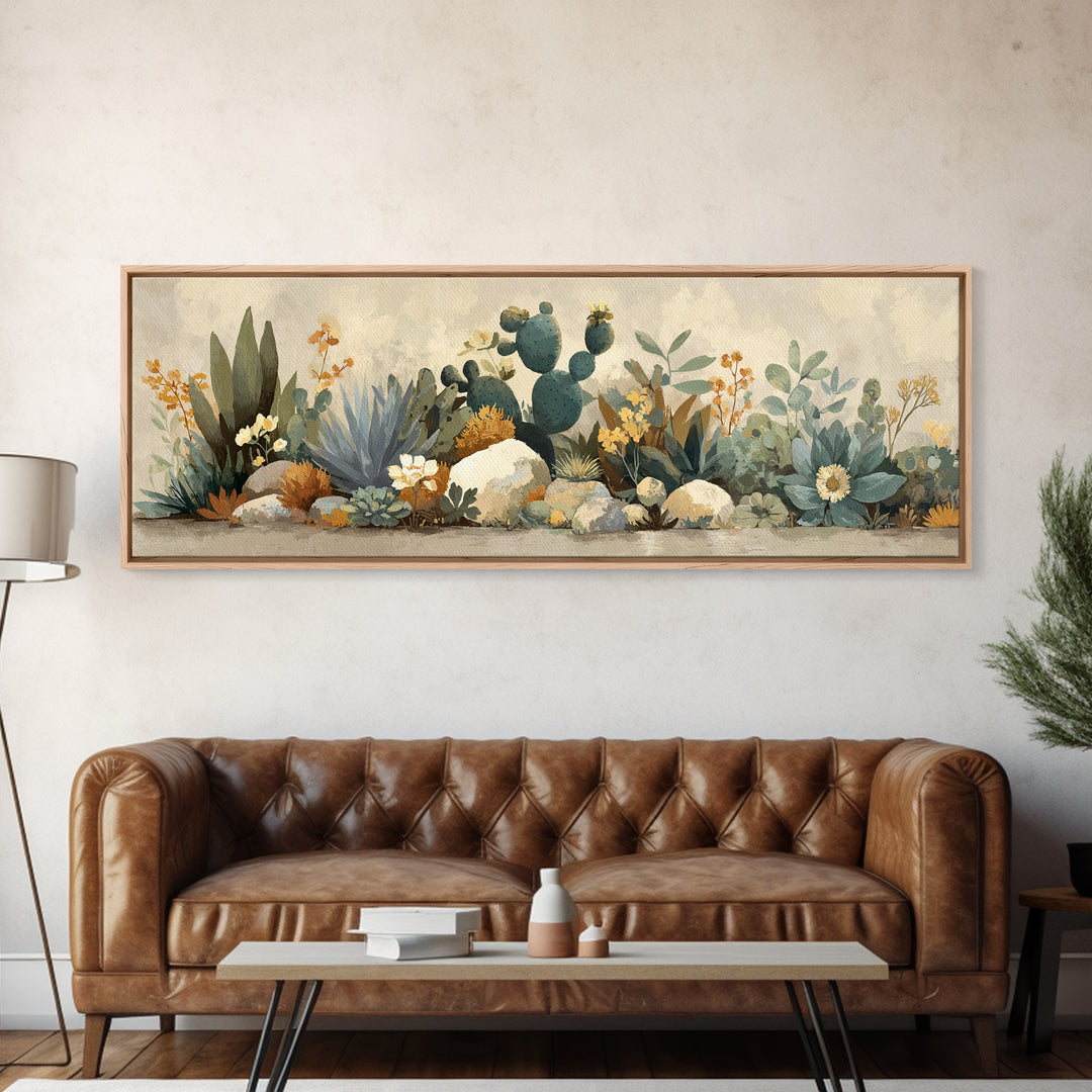 Warm Neutral Cactus Garden Illustration Framed Canvas Print, Boho Art, Boho Wall Art, Living Room Decor, Oil Painting, Bohemian, BOH-3x1-58