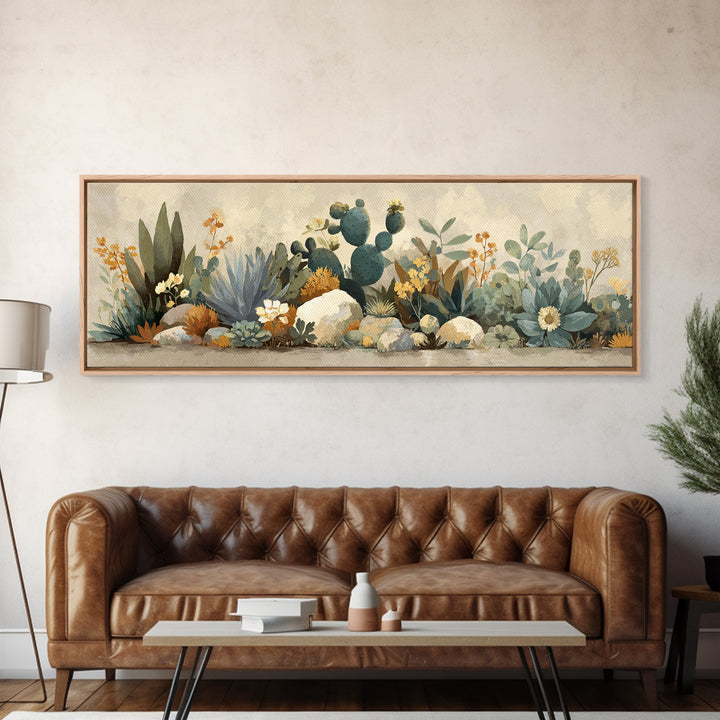 Warm Neutral Cactus Garden Illustration Framed Canvas Print, Boho Art, Boho Wall Art, Living Room Decor, Oil Painting, Bohemian, BOH-3x1-58
