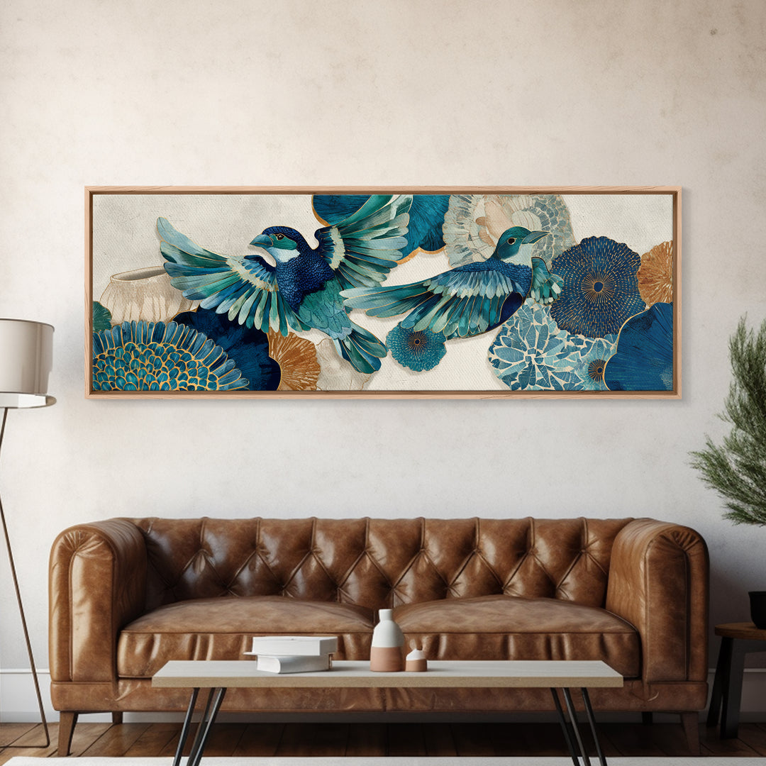 Boho Bird Pair Framed Canvas Print, Boho Art, Room Decor, Living Room Decor, Fine Art, Bohemian, Printable, Printable Wall Art, BOH-3x1-60